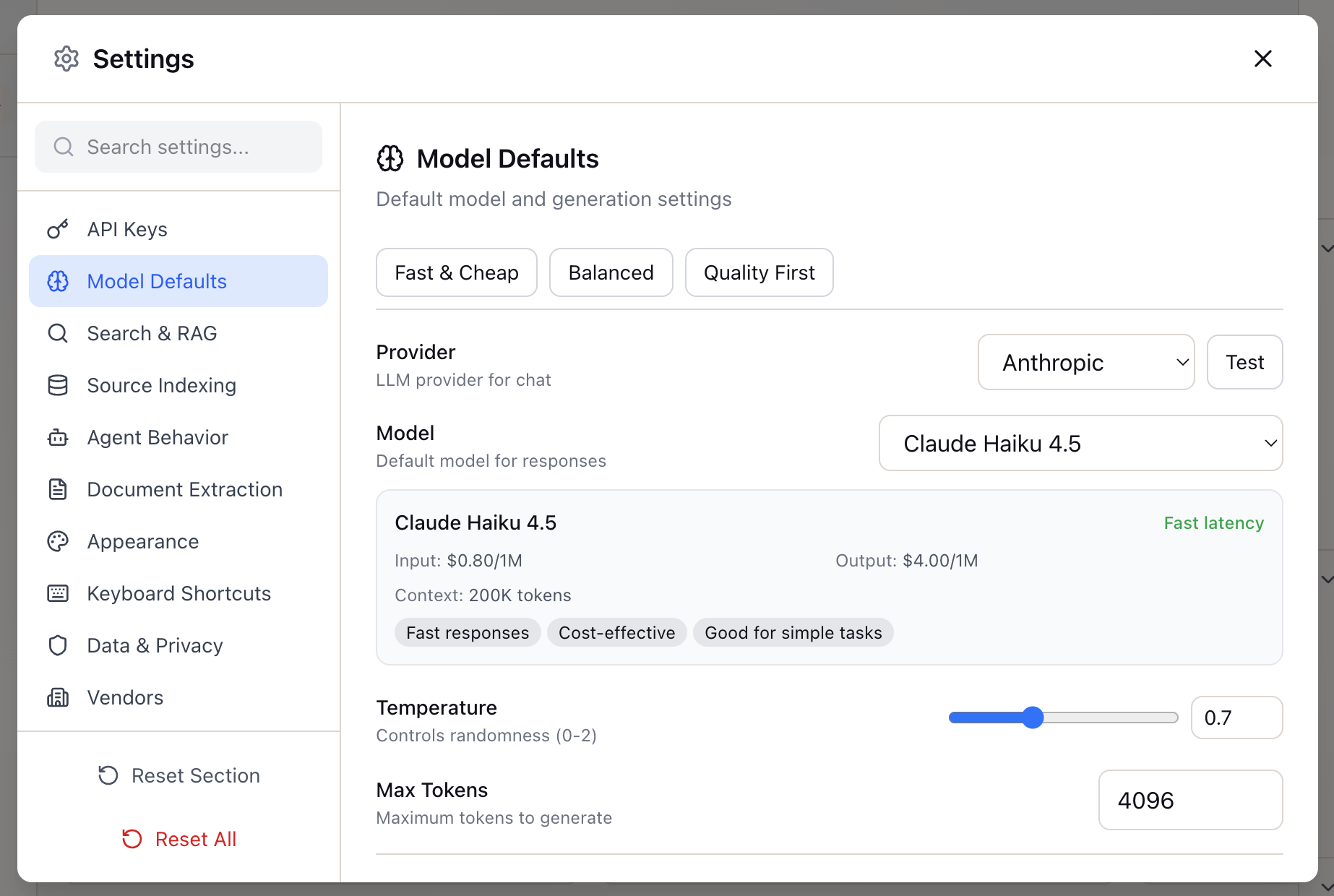 Model Defaults settings with provider and model selection