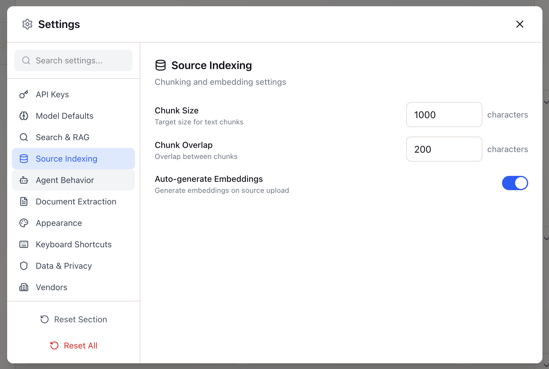 Source Indexing settings for chunking and embeddings