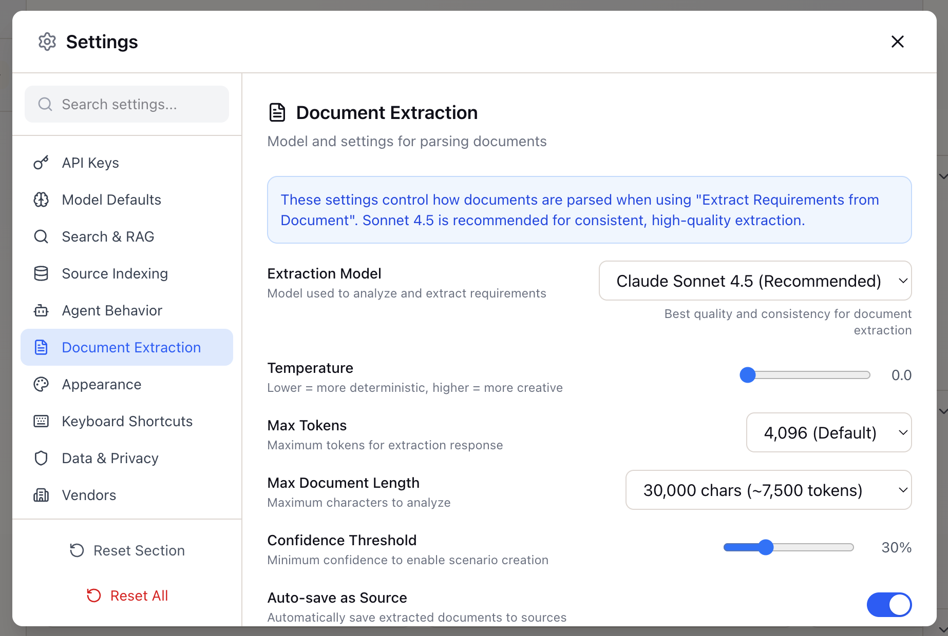 Document Extraction settings for URL content processing
