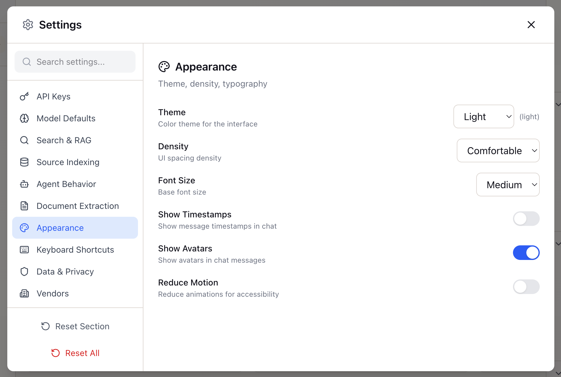 Appearance settings for theme and display options