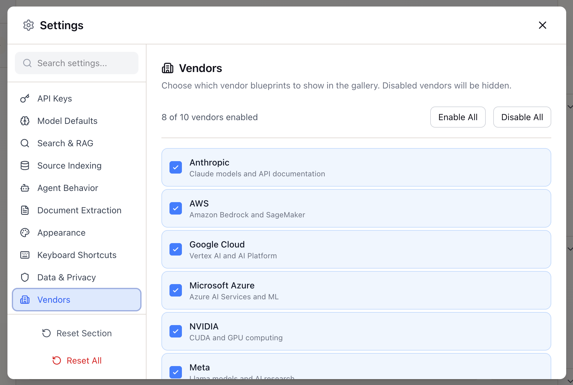 Additional settings panels