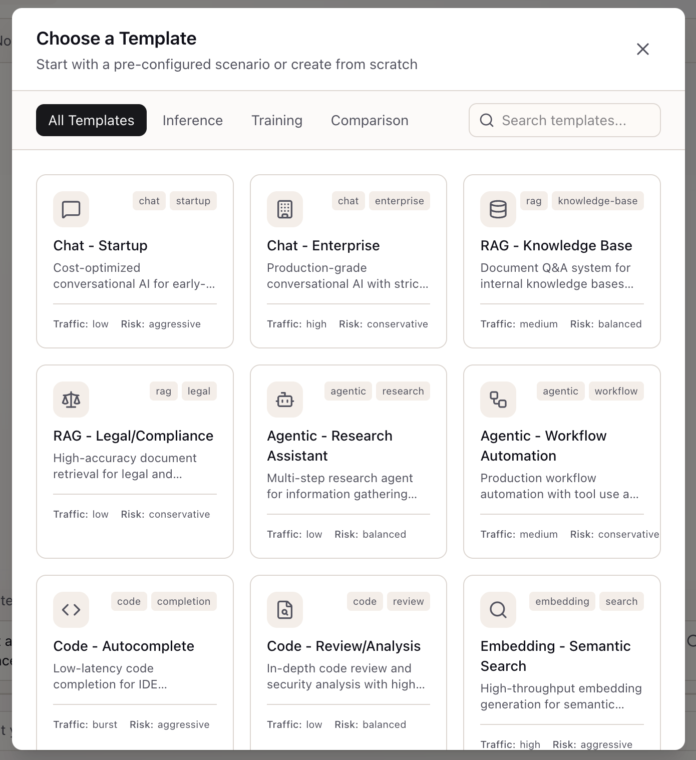 Template chooser showing Inference templates with Chat, RAG, Agentic, Code, and Embedding options