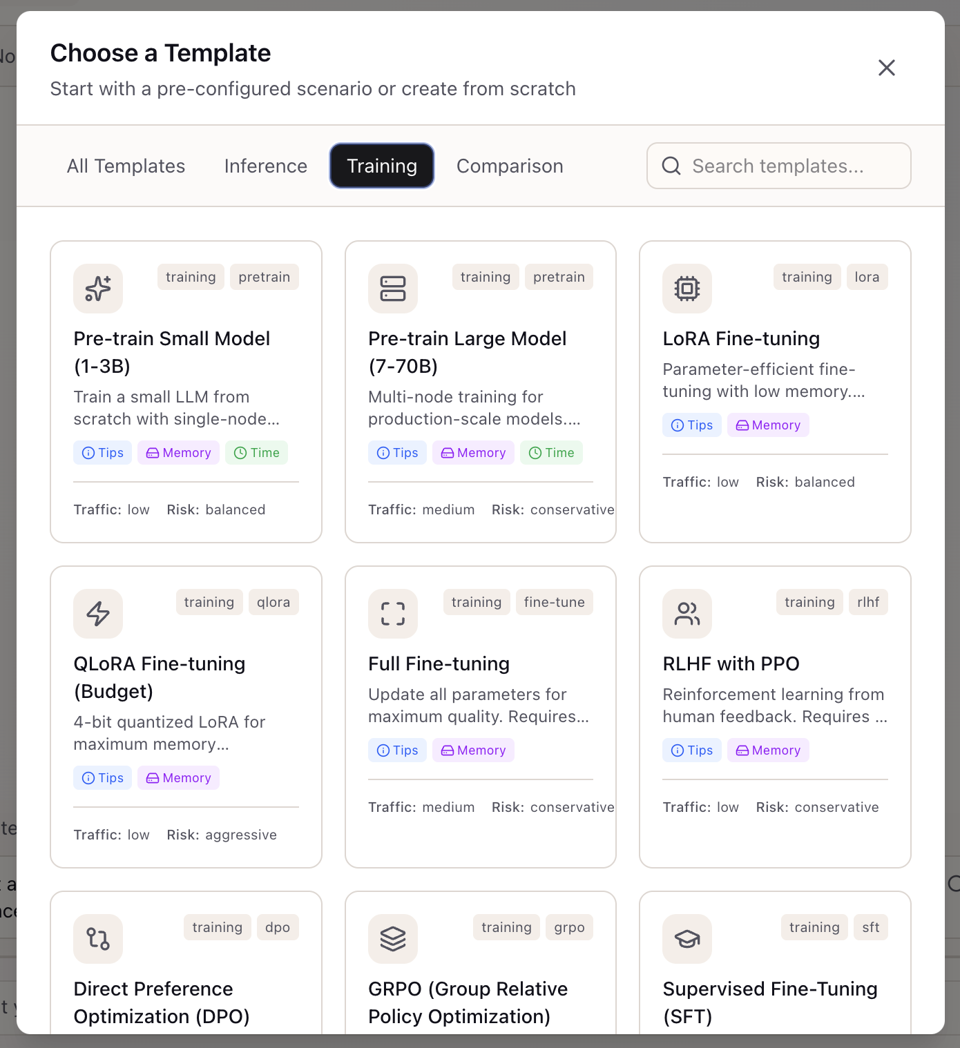 Training templates showing Pre-train, LoRA, QLoRA, Full Fine-tuning, RLHF, DPO, GRPO, and SFT options