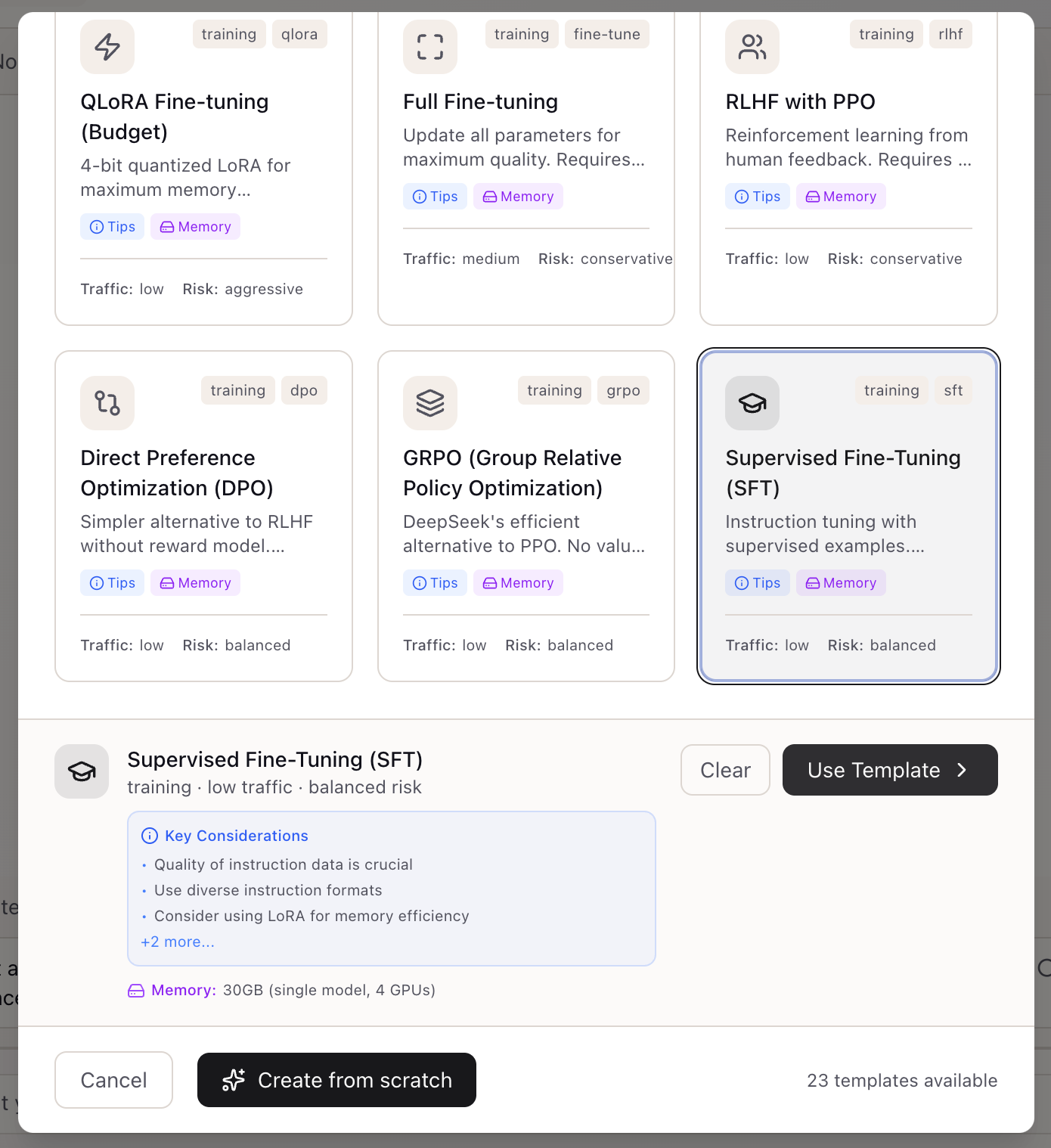 Template selected with Supervised Fine-Tuning highlighted and preview panel showing key considerations