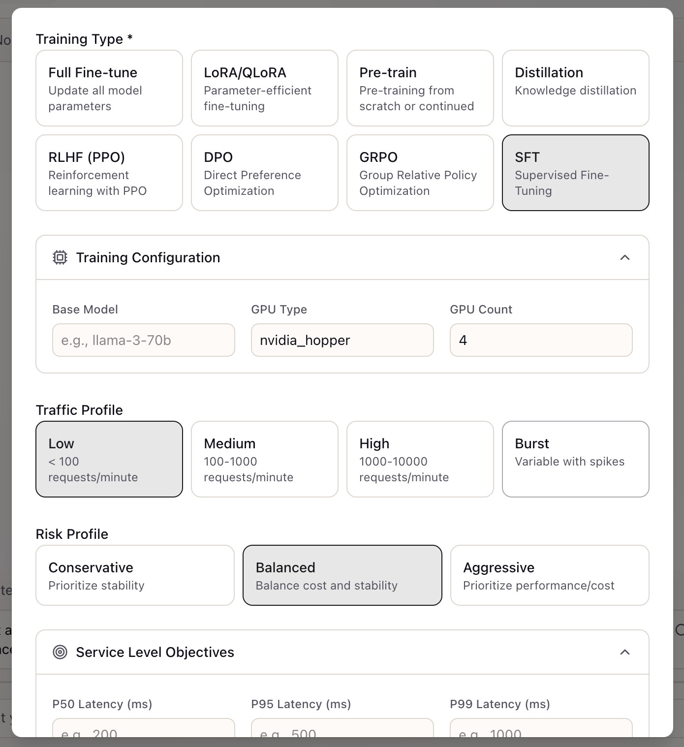 Scenario configuration form showing Training Type, Training Configuration, Traffic Profile, and Risk Profile