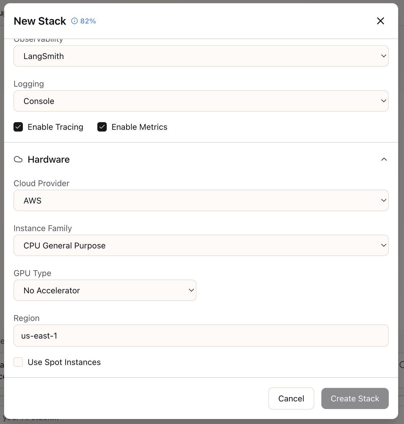 Stack configuration showing Observability, Logging, and Hardware settings with cloud provider and region