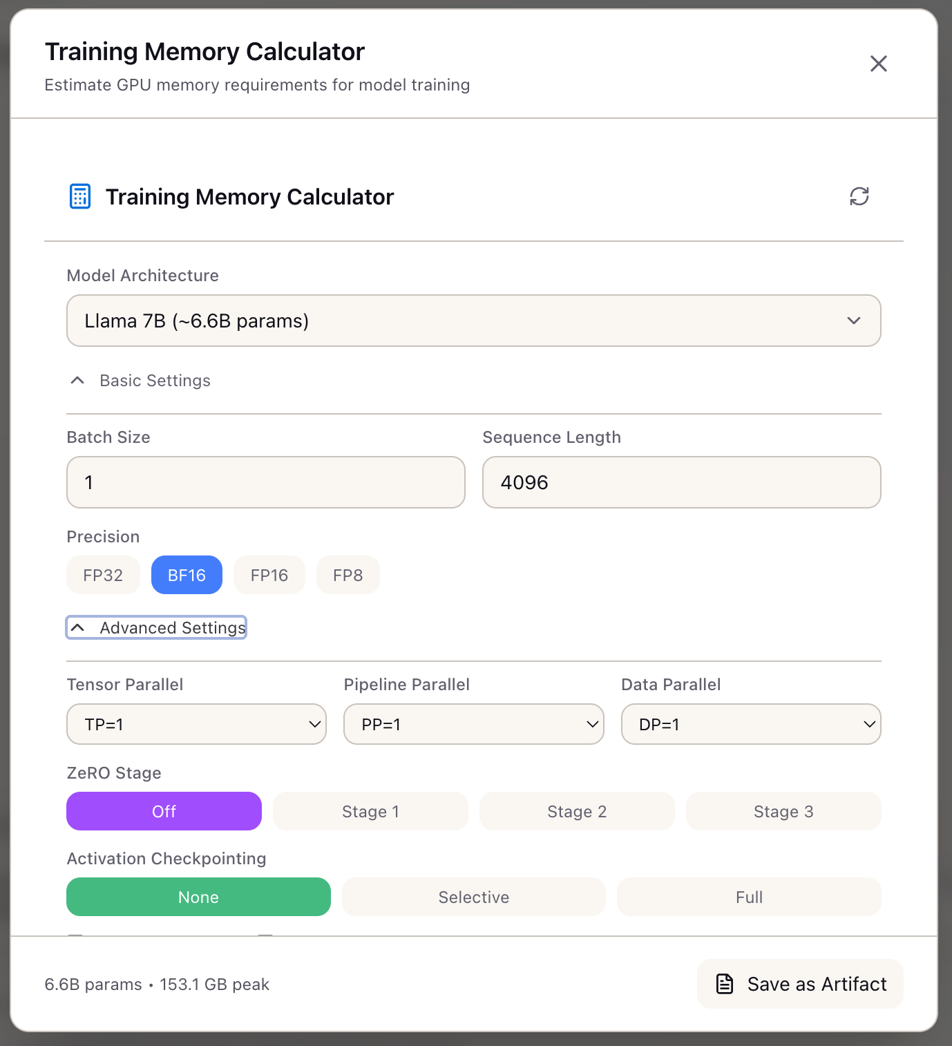 Basic and Advanced Settings expanded showing Batch Size, Sequence Length, Precision, and parallelism options