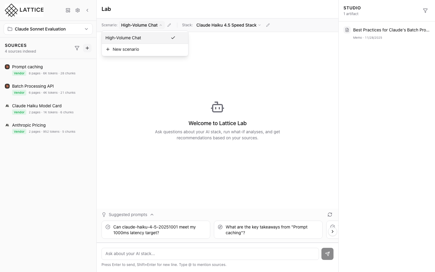 Step 2: Scenario dropdown showing available scenarios with category badges