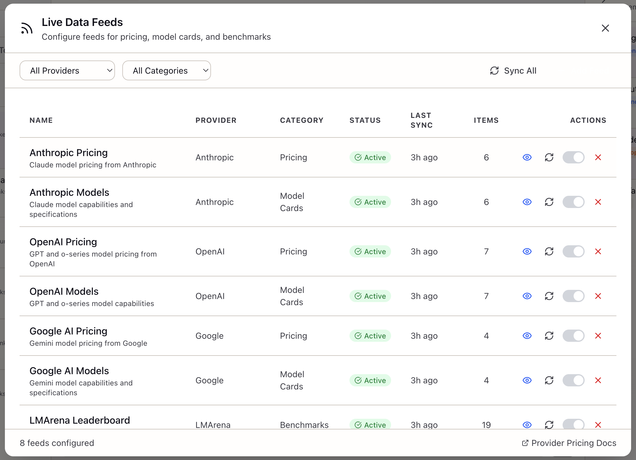 Live Data Feeds showing sync status and provider feeds
