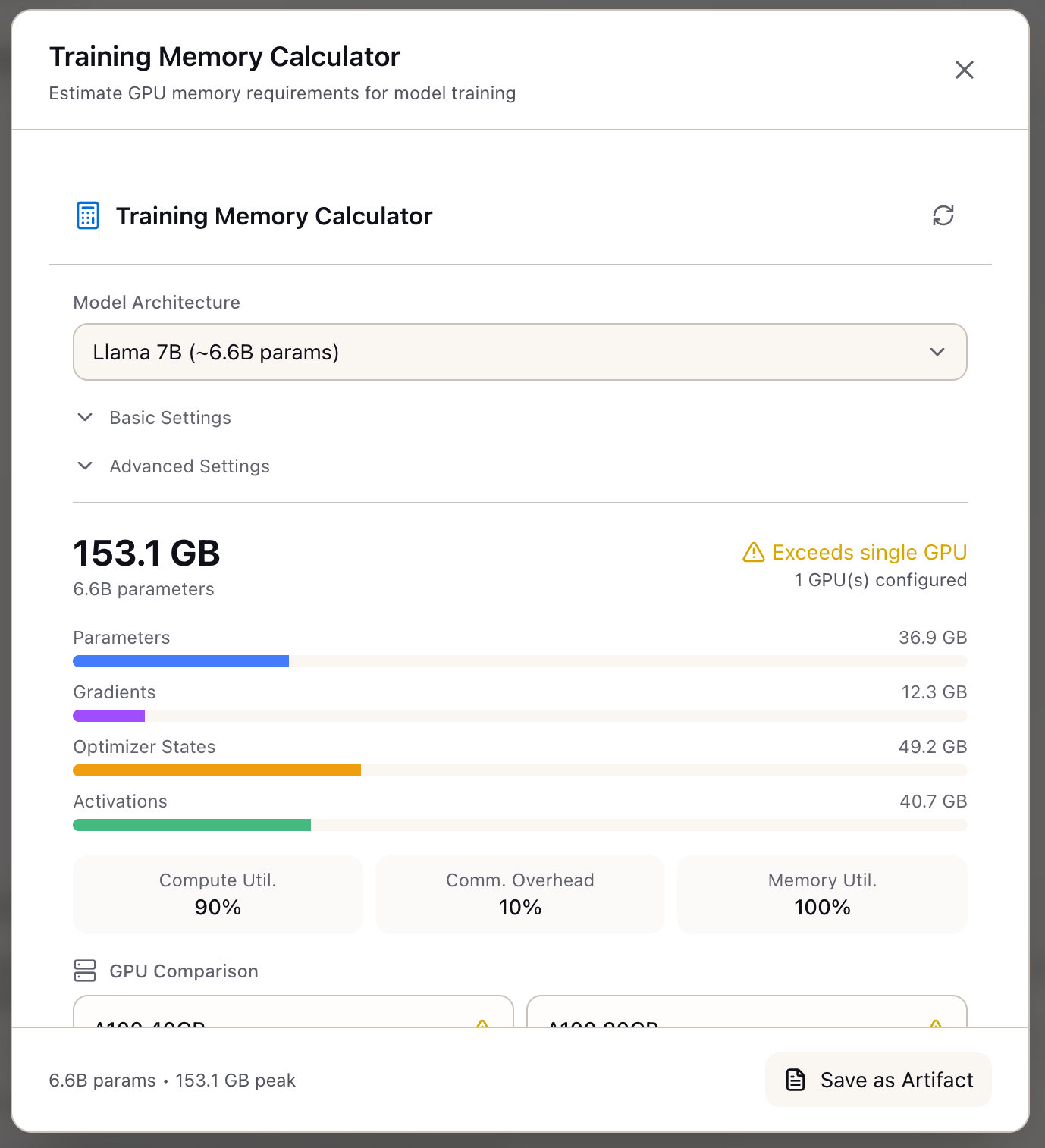 Memory Calculator showing GPU memory breakdown with color-coded components