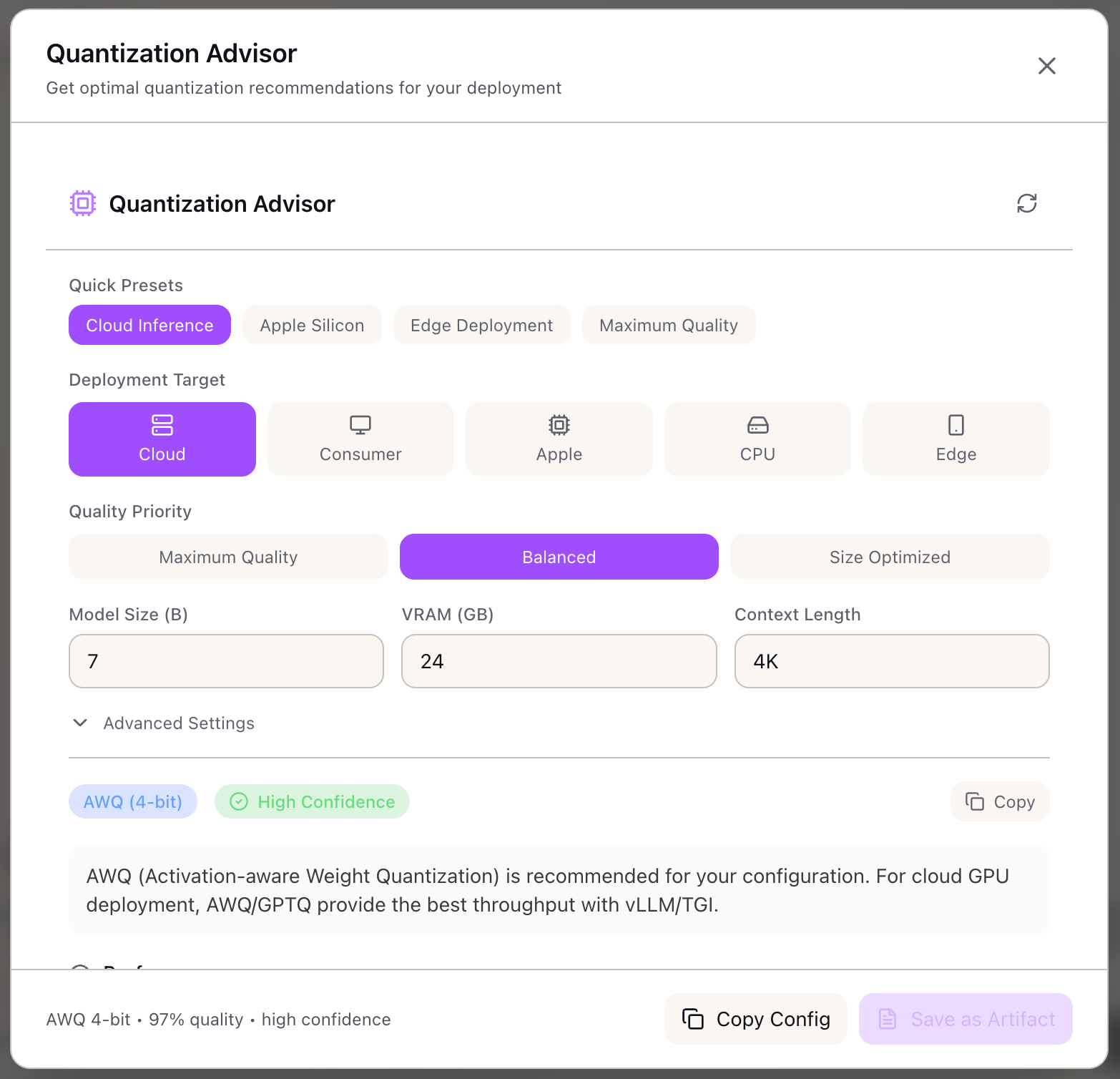 Quantization Advisor showing precision options with quality vs speed tradeoffs